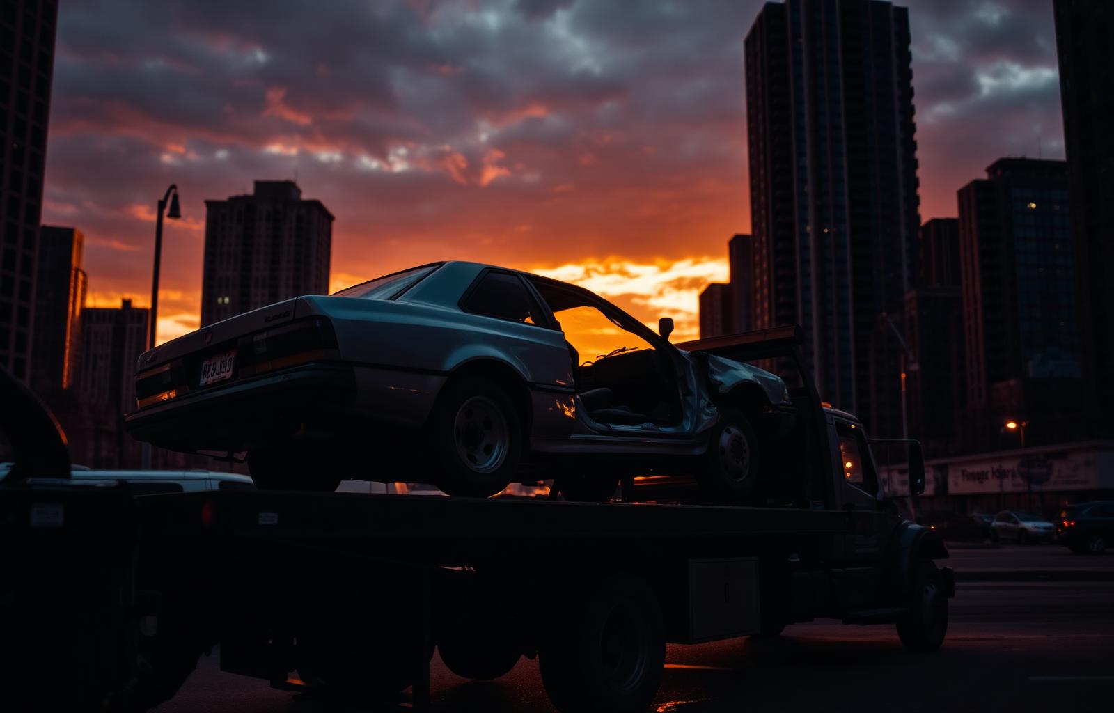 Junk car being towed in Chicago